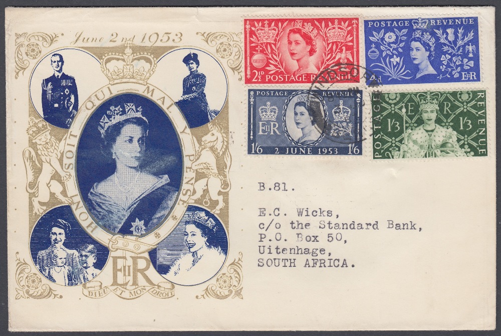 STAMPS FIRST DAY COVERS 1953 Coronation full set on typed addressed illustrated cover to South