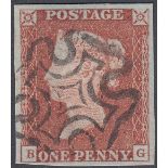 GREAT BRITAIN STAMPS 1841 Penny Red plate 16 lettered (BG) four margin example cancelled by Black