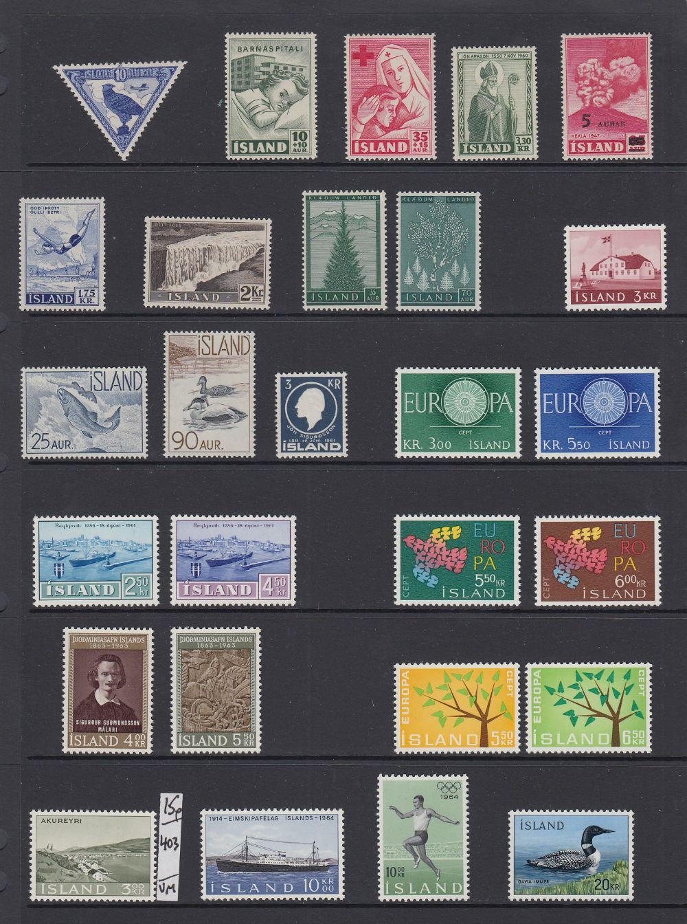 STAMPS ICELAND Unmounted mint selection on hagners, includes Europa sets,