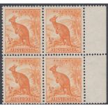 STAMPS AUSTRALIA 1948-56 1/2d orange. no wmk, U/M block of four with"sky retouch", SG 228cb.