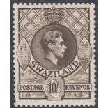 STAMPS SWAZILAND 1938-54 GVI 10/- sepia, lightly M/M, perf 13.5 x 13. SG 38.