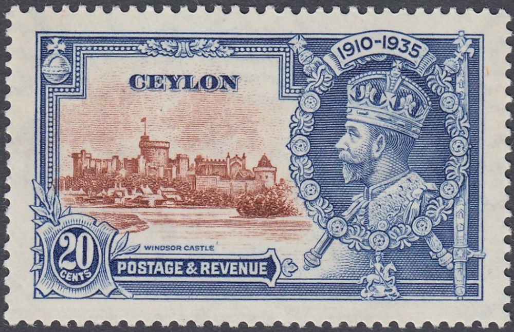 STAMPS : CEYLON 20c Brown and Deep Blue mounted mint with DIAGONAL LINE BY TURRET SG 381f