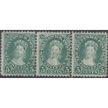 STAMPS 1860 NEW BRUNSWICK 5c Deep Green strip of 3,