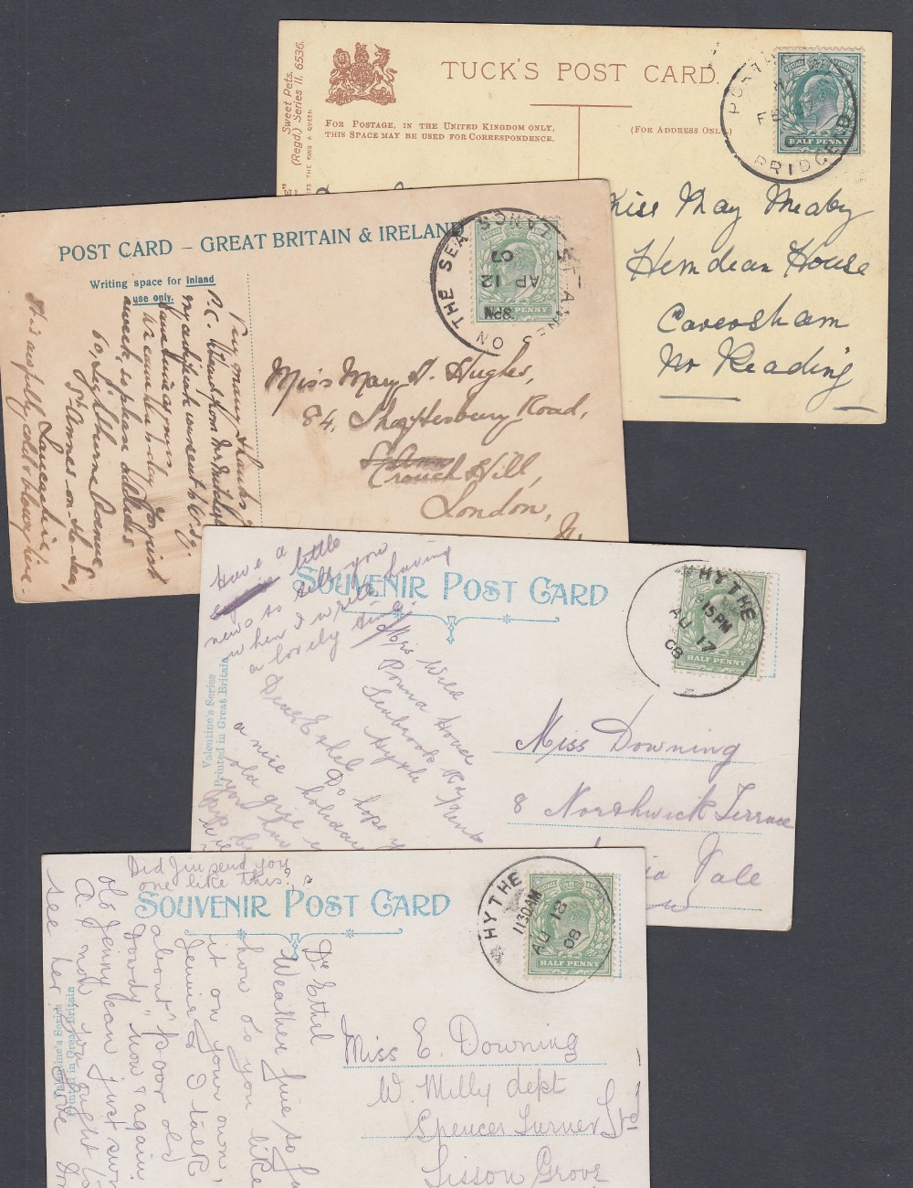 GREAT BRITAIN STAMPS : Four Edwardian postcards all with Skeleton datestamps; two Hythe,