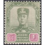 STAMPS MALAYA 1917 JOHORE $1 Green and Mauve,