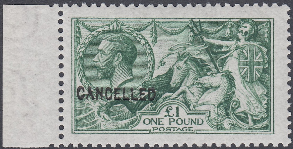 GREAT BRITAIN STAMPS 1913 £1 COLOUR TRIAL in Yellowish Green, overprinted CANCELLED type 24,