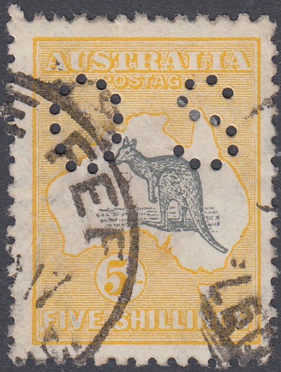 STAMPS AUSTRALIA 1915 5/- Grey and Yellow Official SG O37 Good Used