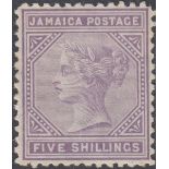 STAMPS JAMAICA 1875 5/- Lilac mounted mint SG 15