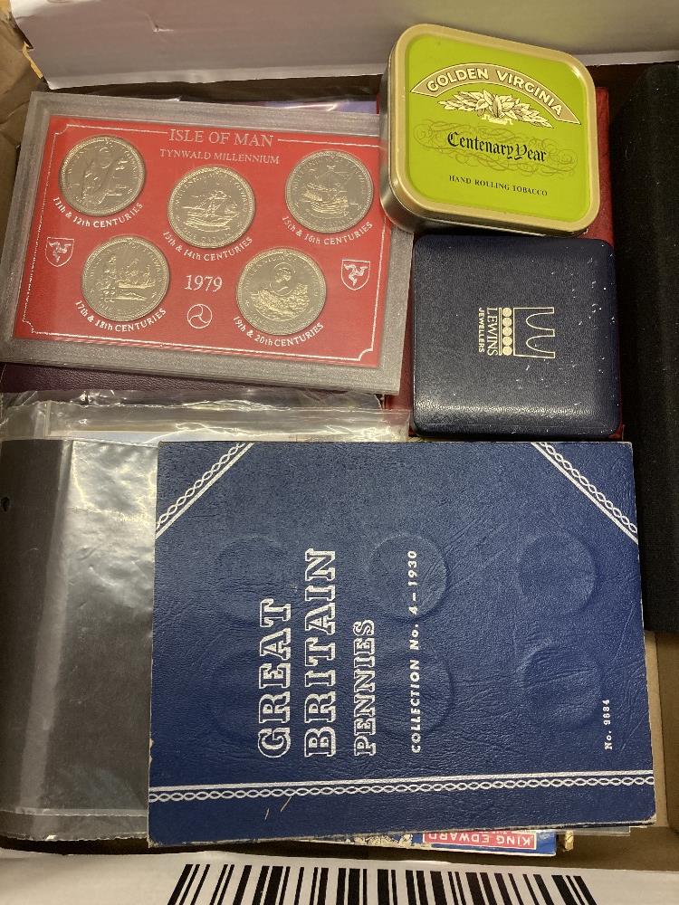 COINS Box with various coins, 1970 presentation case with coins, 1937 GVI Crown,