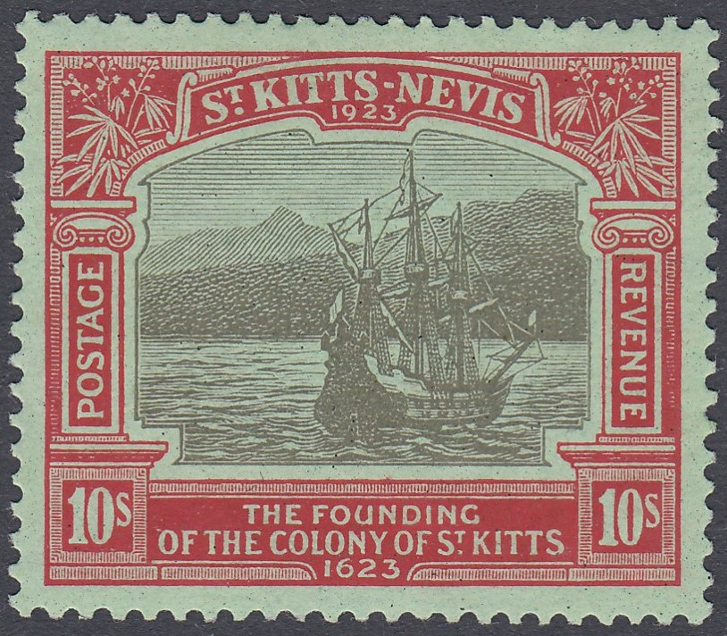 STAMPS ST KITTS 1923 Tercentenary of Colony, 10/- very lightly M/M, SG 58.