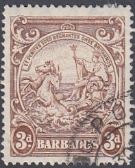 STAMPS BARBADOS 1938-47 3d brown fine used, perf 14, variety "line over Horses head" variety,