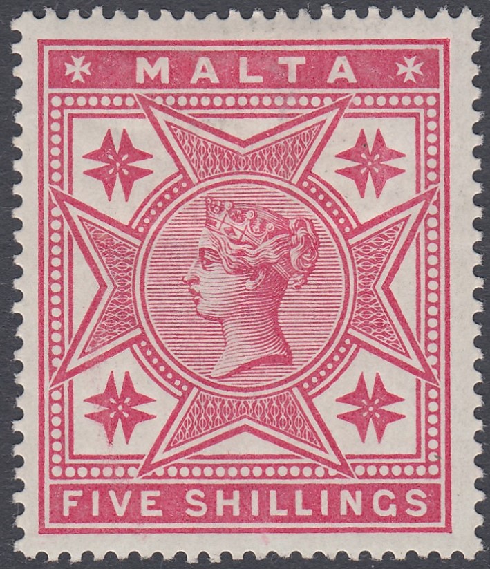 STAMPS MALTA 1886 5/- Rose mounted mint SG 30