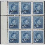 STAMPS CANADA 1949 5c Blue OFFICIAL, unmounted mint block of 9,