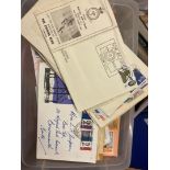 STAMPS : Small plastic tub of covers and postal history including some early GB FDC's,