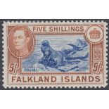 STAMPS FALKLANDS 1938-50 GVI 5/- dull blue & yellow brown, lightly M/M, SG 161c.