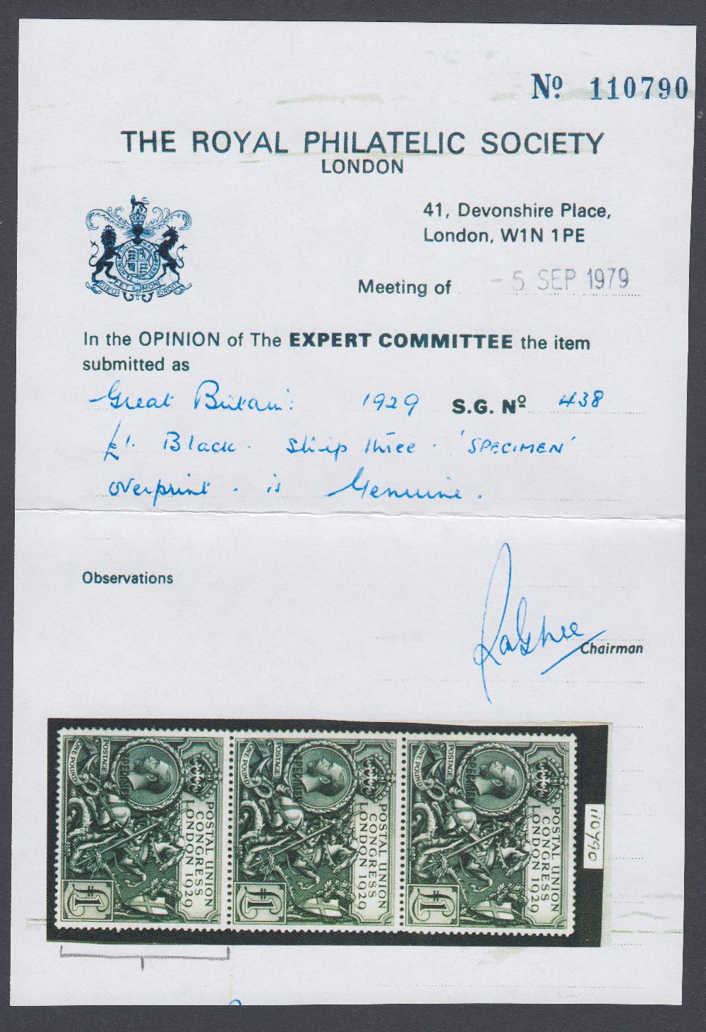 GREAT BRITAIN STAMPS 1913 £1 Green, supe - Image 3 of 3