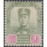 STAMPS MALAYA 1917 JOHORE $1 Green and M