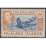 STAMPS FALKLANDS 1938-50 GVI 5/- dull blue & pale yellow brown, M/M with hinge remainder, SG 161c.