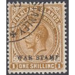 STAMPS FALKLANDS 1918 1/- Bistre-Brown, over printed WAR STAMP,