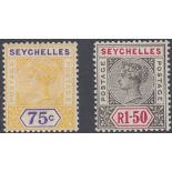 STAMPS SEYCHELLES 1867-1900 QV 75c & R1.50, M/M SG 35 & 35.