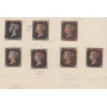 gREAT BRITAIN STAMPS : Batch of 7 Penny Blacks on cut out of old album page,