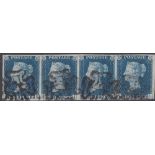 GREAT BRITAIN STAMPS : 1840 2d Blue, superb four margin strip of FOUR ! cancelled by black MX's,