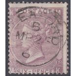GREAT BRITAIN STAMPS : 1865 6d Lilac, very fine used lettered (MK), cancelled by central CDS,