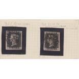 GREAT BRITAIN STAMPS : Two Penny Blacks (BA and CJ), both marked as plate 5 by original owner,