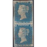 GREAT BRITAIN STAMPS 1840 2d Blue Plate 1 Vertical pair cancelled by light red MX's,