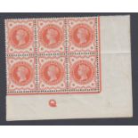 GREAT BRITAIN STAMPS : 1887 1/2 Orange Vermilion mounted mint control block of six,