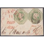 GREAT BRITAIN STAMPS : 1847-54 1/- embossed. Two cut to shape examples, fine used on piece, SG 54.