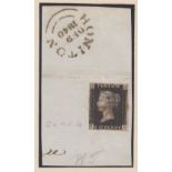 GREAT BRITAIN STAMPS : PENNY BLACK Plate 5 lettered (HD) used on dated piece Honiton 9th Dec 1840.