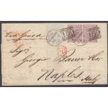 GREAT BRITAIN STAMPS 1865 wrapper from Glasgow to Naples Italy with pair of SG 84 6d ,