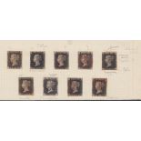 GREAT BRIATIN STAMPS : Batch of 9 Penny Blacks on cut out of old album page,