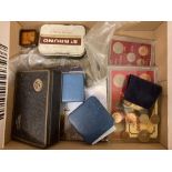 COINS : Box of mixed coins including some UK un-circulated coin sets, silver proof £1,