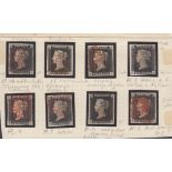 GREAT BRITAIN STAMPS : Batch of 8 Penny Blacks on cut out of old album page,