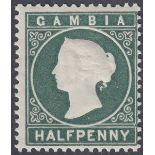 STAMPS GAMBIA 1887 1/2d Mrytle Green, unmounted mint example with wmk CROWN RIGHT OF CA,