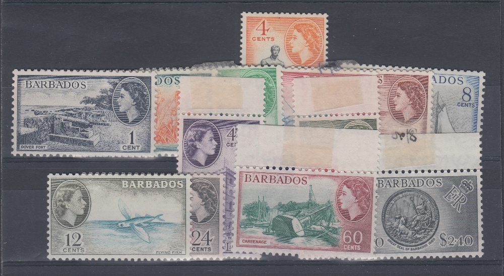 STAMPS BARBADOS : 1953 QEII set of 13, U/M (mounted in margins) SG 289-301.