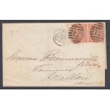 GREAT BRITAIN STAMPS 1863 wrapper from London to Milan with pair of SG 79 4d bright red plate 3