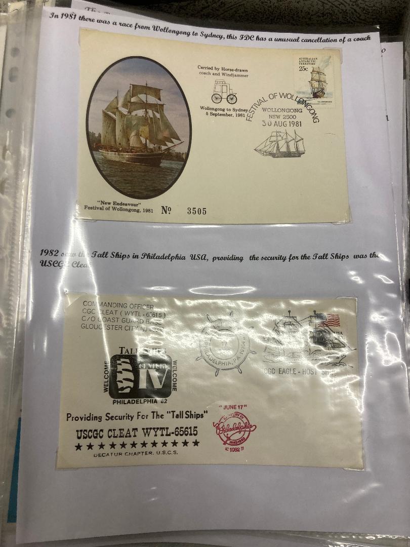 STAMPS : Tall ships on stamps, box file of written up pages,