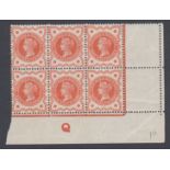 GREAT BRITAIN STAMPS : 1887 1/2 Orange Vermilion mounted mint control block of six,