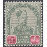 STAMPS MALAYA JOHORE 1891 $1 Green and Carmine,