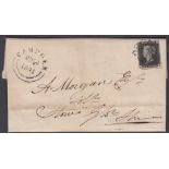 STAMPS : PENNY BLACK ON COVER : Plate 6 lettered (KB) very fine four margin example tied to entire