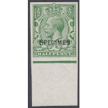 GREAT BRITAIN STAMPS : 1912 1/2d Green mounted mint IMPERF marginal single over printed SPECIMEN.