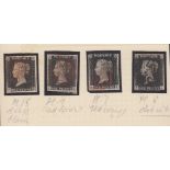 GREAT BRITAIN STAMPS : Four Penny Blacks plated by the original owner,