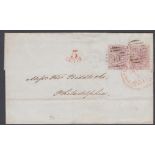 GREAT BRITAIN STAMPS 1860 wrapper from London to Philadelphia USA with pair of 6d,