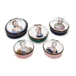 A GROUP OF FIVE ENGLISH ENAMEL PATCH BOXES, SOUTH STAFFORDSHIRE, EARLY 19TH CENTURY