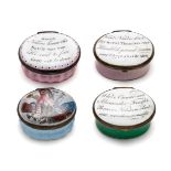 A GROUP OF FOUR ENGLISH ENAMEL 'NELSON' PATCH BOXES, SOUTH STAFFORDSHIRE, CIRCA 1798 AND CIRCA 1805