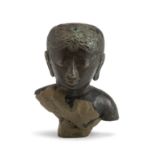 A SMALL MAJAPAHIT BRONZE BUST OF A DEITY, JAVA, INDONESIA, 15TH CENTURY