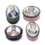 A GROUP OF FOUR ENGLISH ENAMEL 'ROYAL PORTRAIT' PATCH BOXES, SOUTH STAFFORDSHIRE, LATE 18TH / EARLY